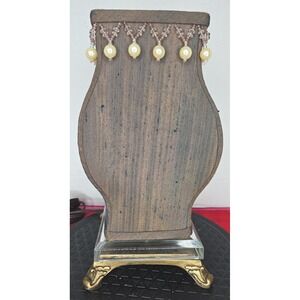 Tan‎ Gold Blue Beaded Pearl Bedside Fabric Table Lamp With Metal Feet Plug Works